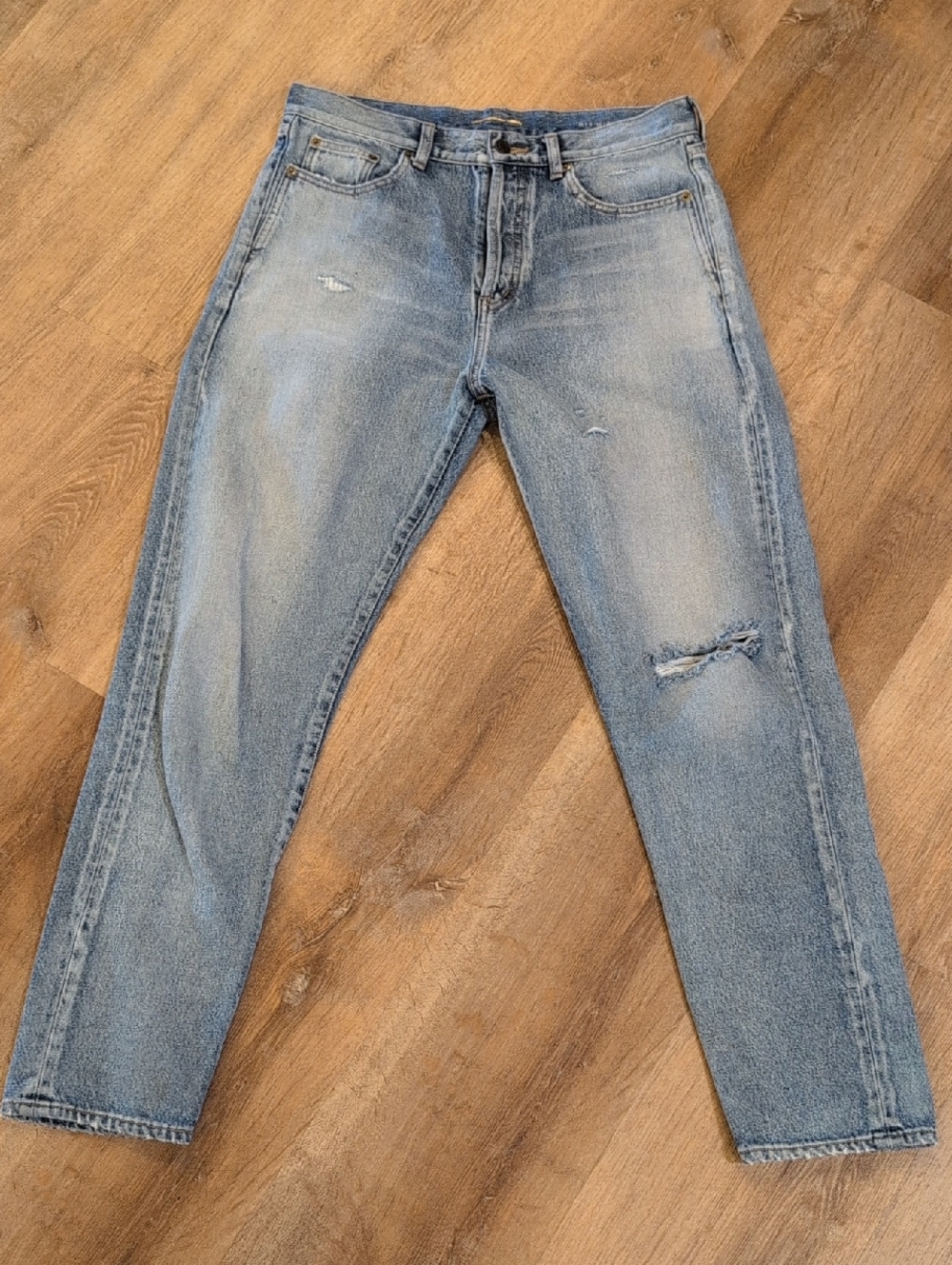 St Laurent Light Wash Distressed Straight Leg Jeans 31